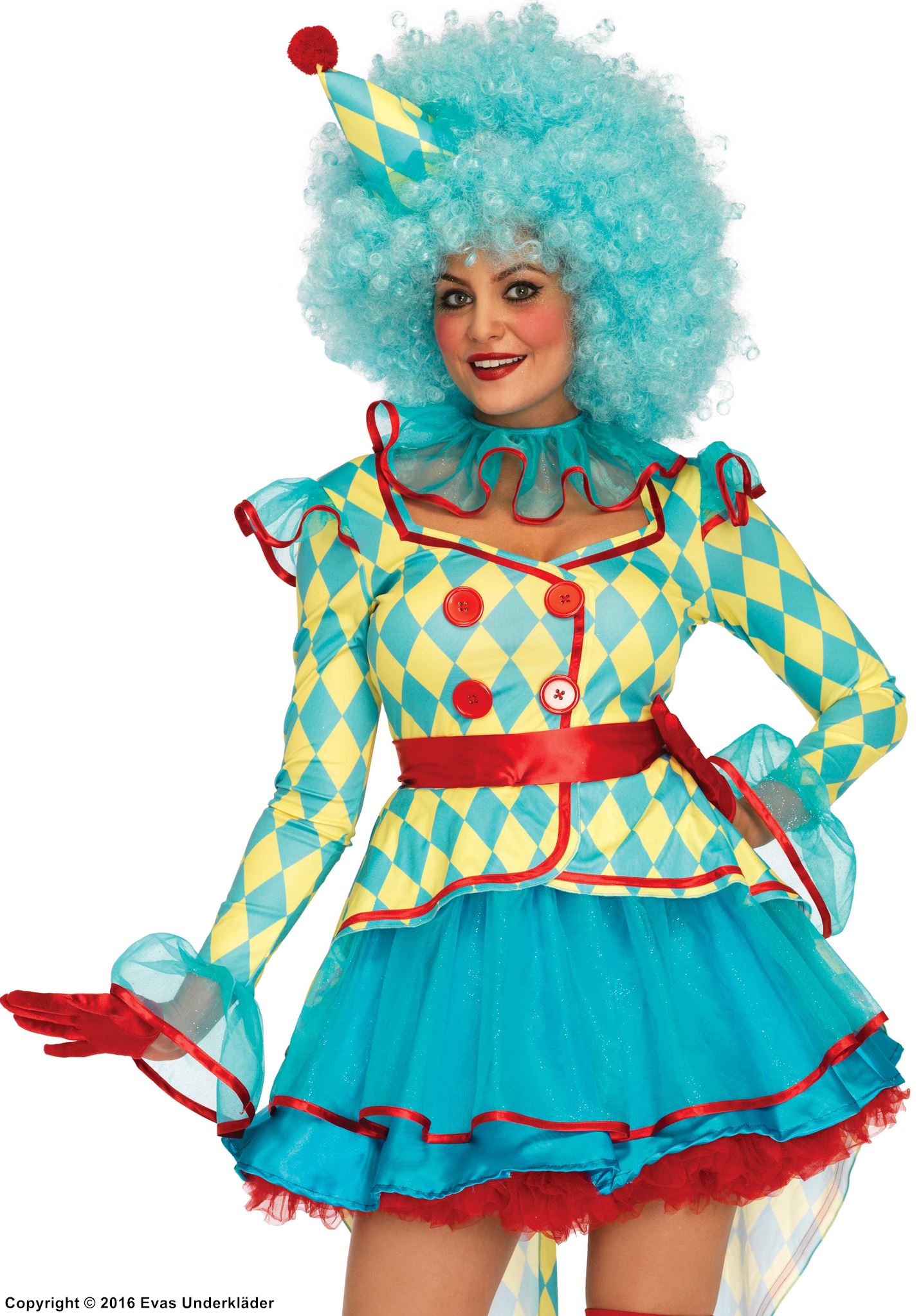 Cirkus-clown, maskeradklänning med satinkant och knappar, diamant-mönster